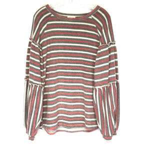 Hailey & Co Womens Size Large Fleece Striped Balloon Sleeve Top Red‎ Gray White